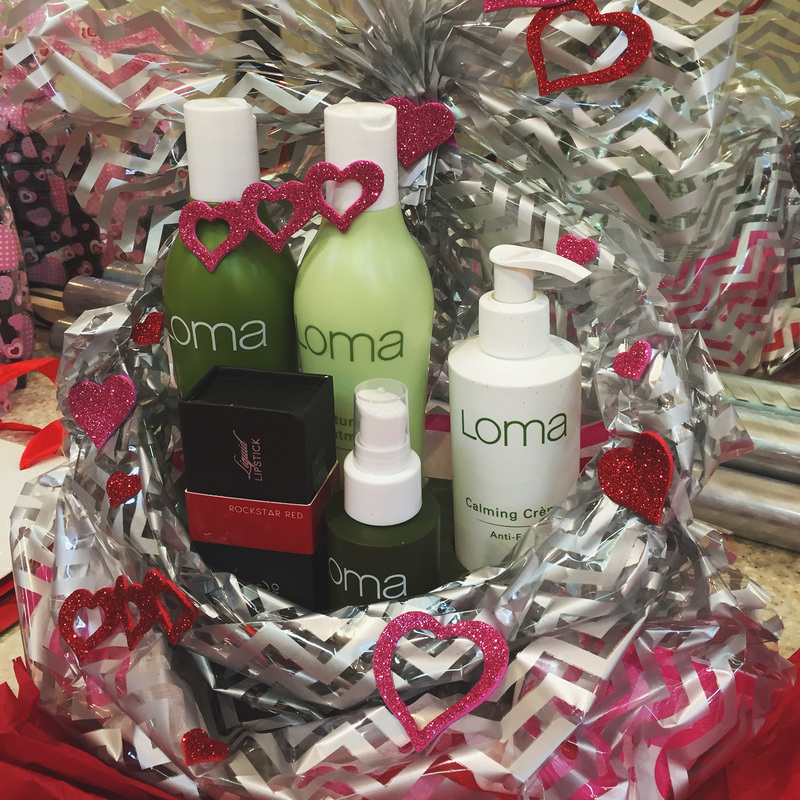 Gift package for valentines day at Mehron Hair Salon in Nanaimo - Loma 100% organic shampoo conditioner and calming anti-frizz cream. 
